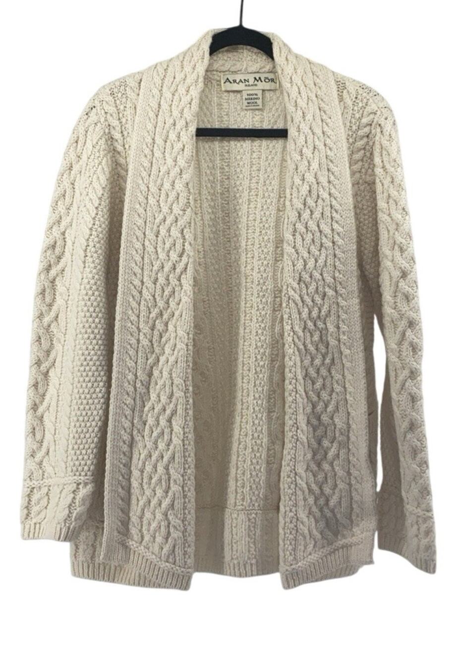 Aran Mor Ireland Merino Wool Cable Knit Open Cardigan Shawl Collar M